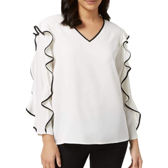 Alfani Women's Petite Piped Ruffle Sleeve Top PL - Picture 1 of 13